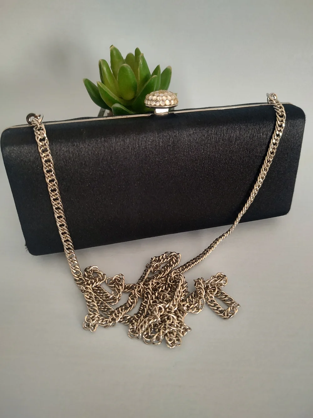 Black Satin Evening Clutch with Jewel Accent